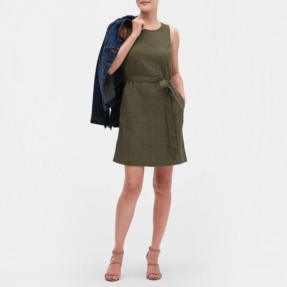 Banana Republic Factory Tie-Waist Eyelet Shift Dress Olive Green Size 2